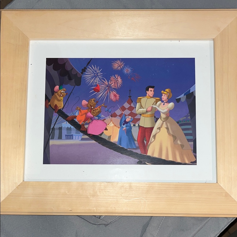 Disney Cinderella and Prince Charming with Fireworks Print in Wooden Frame